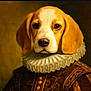 animal_portrait, aristocratic, beagle, brown, canine, classical, close_up, costume, dog, expression, fur, historical_style, indoor, noble, painting_style, portrait, ruffled_collar, studio_lighting, vintage_clothing, white