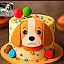 animal, balloons, beagle, brown_background, cake, celebration, colorful, cute, decorations, dessert, dog, fondant, food, indoor, pet, portrait, puppy, small_inset, sweet, table
