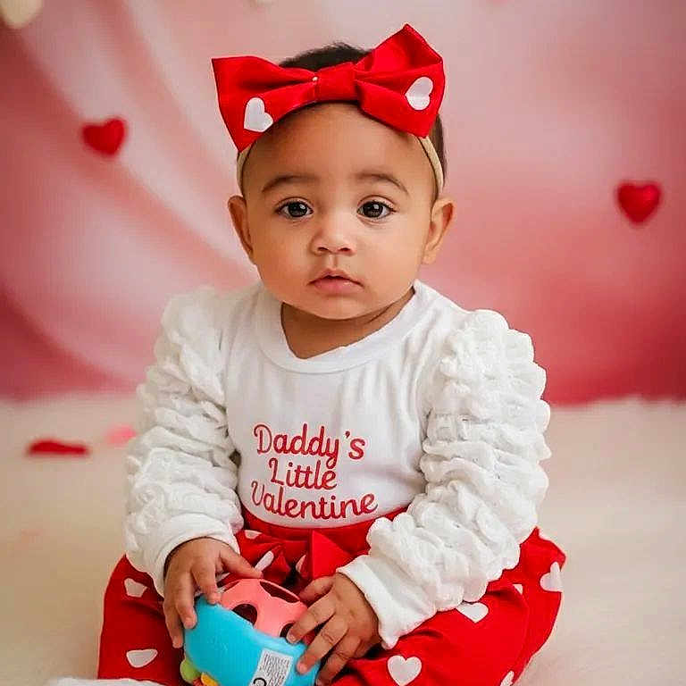 Ma'Lina joined the competition — help win amazing prizes! baby, child, clothing, cute, expressive_eyes, headband, heart, heart_pattern, hearts, indoor, portrait, red_bow, red_pants, sitting, socks, soft_background, studio, toy, valentine, white_top