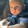 baby, child, car_seat, car_interior, seatbelt, blue_eyes, striped_shirt, sunlight, infant, closeup, portrait, sitting, safety, young_child, cute, child_seat, baby_boy, daylight, skin, head