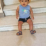 Raheem participe au concours pour gagner de l'argent avec cette photo : toddler, child, hat, stairs, sitting, blue_shirt, shorts, sandals, curious, indoor, concrete, floor, person, portrait, casual_clothing, young_child, expression, looking_up, bare_arms, cute