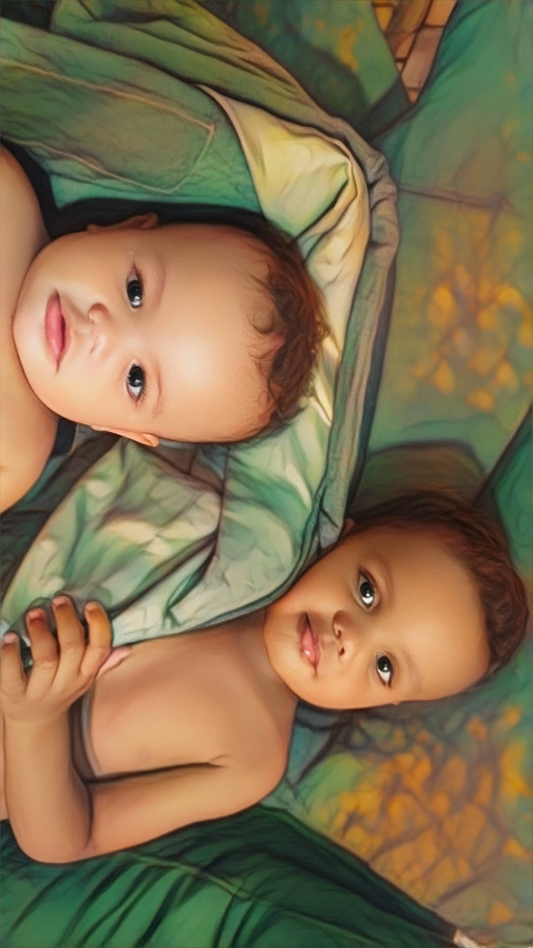 baby, bed, blanket, child, cute, face, indoors, infant, looking_at_camera, lying_down, multi_person, person, portrait, resting, skin, sleepwear, smiling, toddler, two_people, young