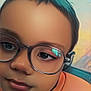 background, casual, child, childhood, close_up, expression, eyebrows, eyes, eyewear, face, glasses, hair, head, indoors, orange_clothing, person, portrait, skin, soft_focus, young