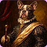 animal_portrait, brown_background, costume, dog, dramatic_lighting, dressed_up, expression, french_bulldog, fur, golden_sash, historical_style, indoor, luxury, majestic, portrait, regal, renaissance, royal, ruffled_collar, scepter