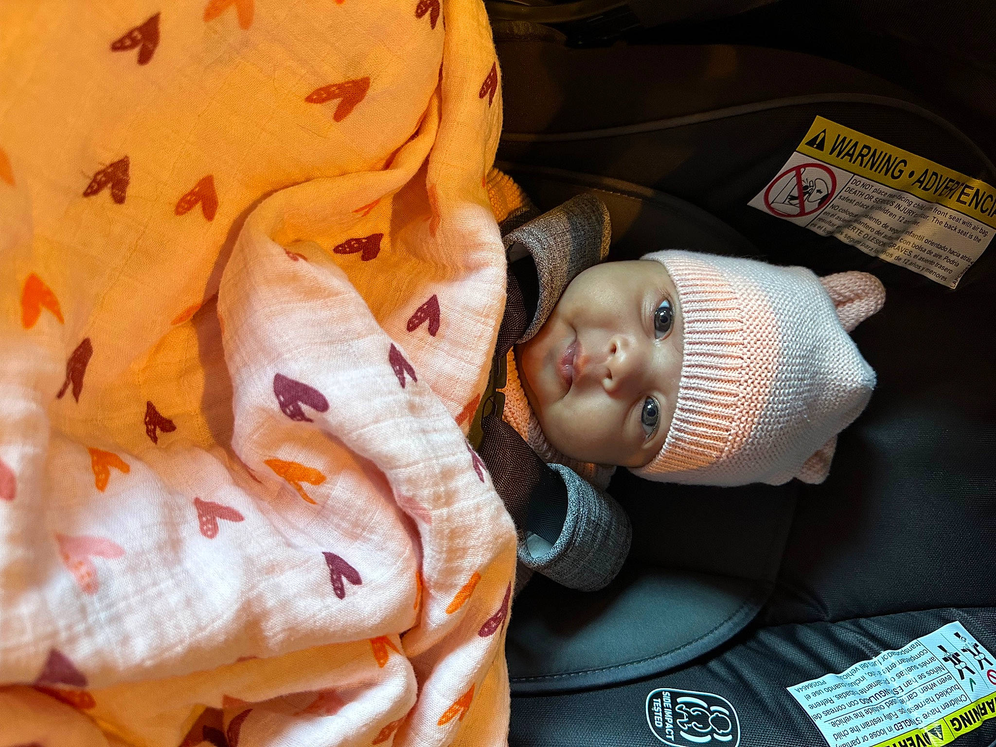 Aubrey is registered to the contest to win money with this photo: baby, baby_carriage, baby_products, baby_toddler_clothing, car_seat, child, comfort, fur, happy, hat, headwear, linens, peach, person, room, skin, smile, textile, toddler, tree