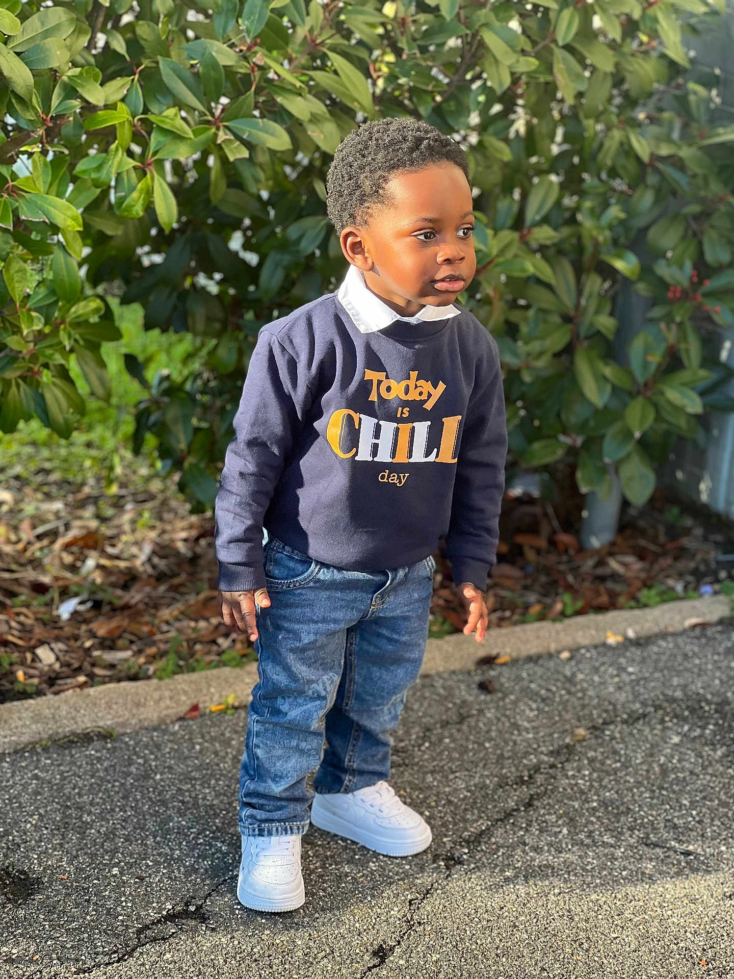 Amonn a rejoint le concours — aidez-le/la à gagner de superbes lots ! boy, casual_clothing, child, cute, daylight, expression, fashion, greenery, jeans, leaves, nature, outdoor, pavement, portrait, side_view, standing, sunlight, sweatshirt, white_sneakers, young