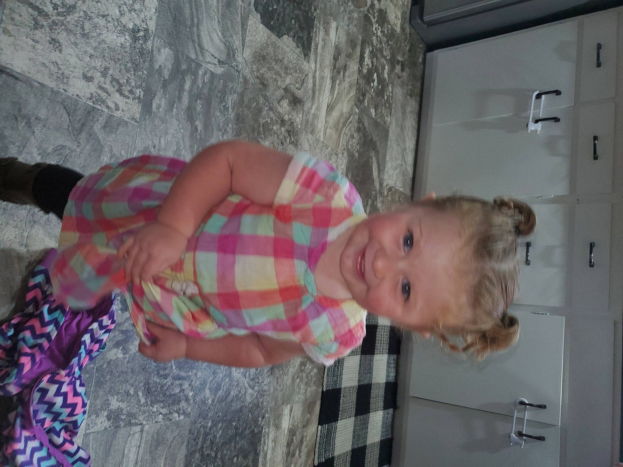 Hazley joined the competition — help win amazing prizes! baby, baby_toddler_clothing, child, fun, joy, pattern, person, room, skin, smile, toddler, vacation, wood