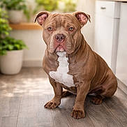 Aegon a rejoint le concours — aidez-le/la à gagner de superbes lots ! animal, attentive, brown_dog, companion, cute, dog, domestic, ears, flooring, home_interior, indoors, natural_light, pet, pitbull, plant, portrait, potted_plant, sitting, white_chest, wooden_floor