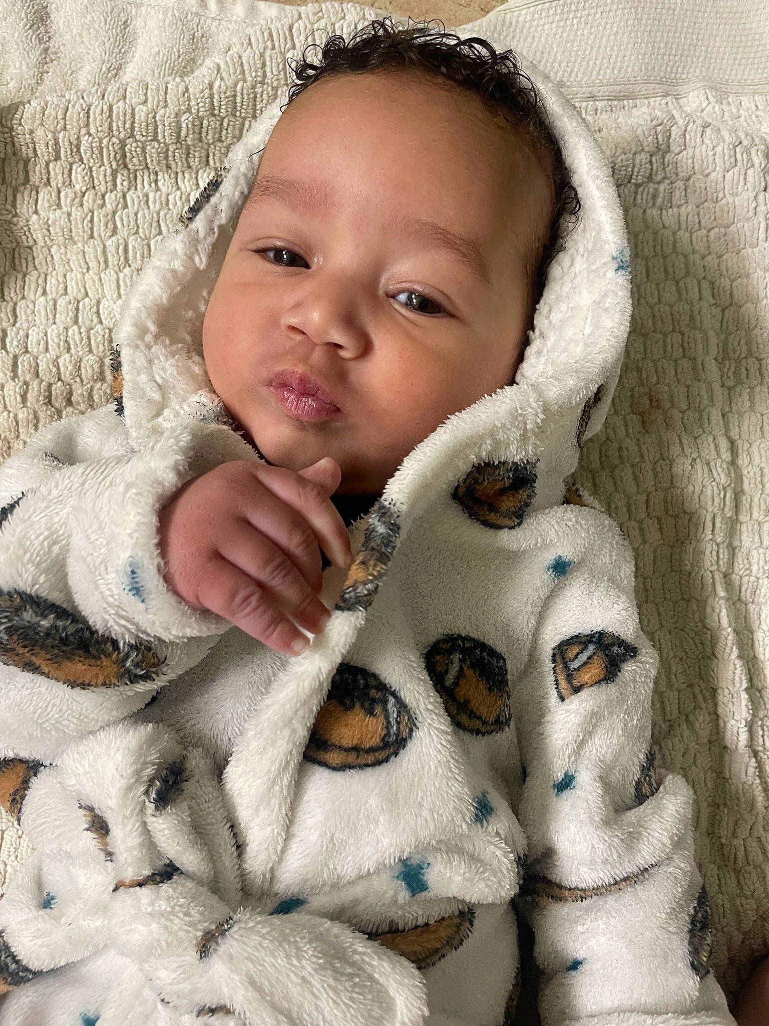 Keaton joined the competition — help win amazing prizes! baby, baby_toddler_clothing, cheek, child, close_up, comfort, finger, foot, fur, happy, linens, nail, nose, pattern, person, skin, thumb, toddler, white, wool