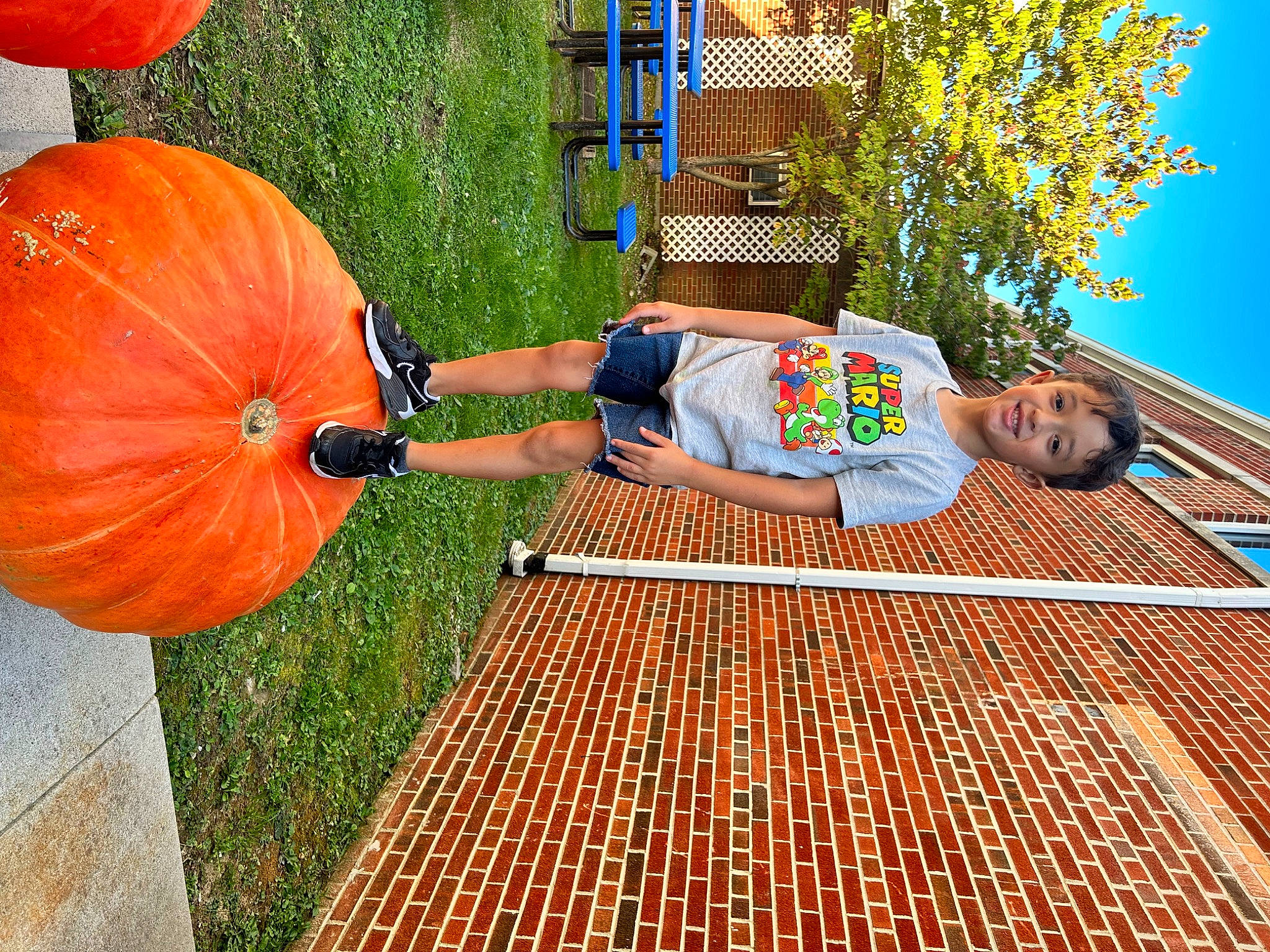 Tavian joined the competition — help win amazing prizes! calabaza, cucurbita, flooring, fun, garden, gourd, grass, joy, leisure, local_food, natural_foods, orange, people_in_nature, person, plant, pumpkin, squash, sunglasses, tree, vegetable