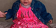 Djensy a rejoint le concours — aidez-le/la à gagner de superbes lots ! baby, child, pink_dress, polka_dot, denim_jacket, headband, footwear, shoes, sitting, blanket, indoor, portrait, cute, smiling, face, person, young_child, fashion, accessory, infant