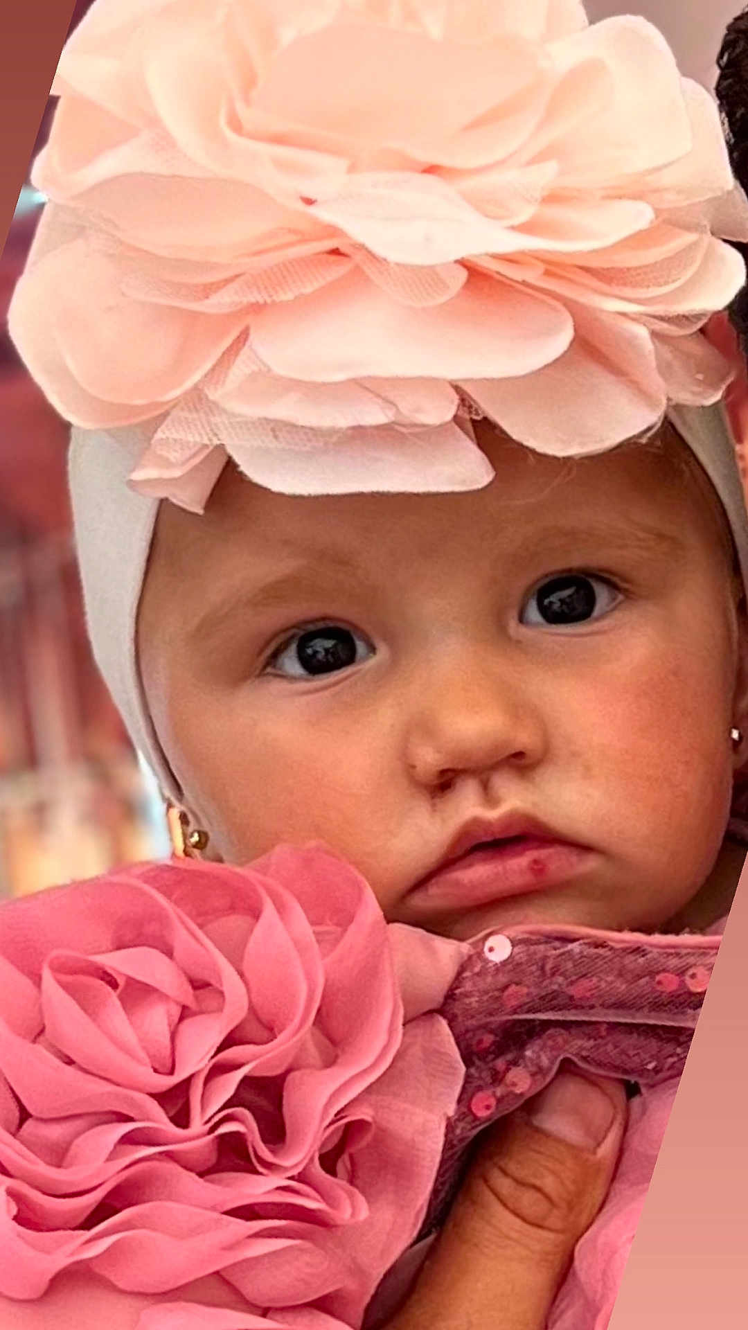 Djensy participe au concours pour gagner de l'argent avec cette photo : baby, child, face, headband, flower, pink, clothing, hand, portrait, cute, closeup, skin, eyebrows, lips, earrings, fabric, soft, person, infant, adorable