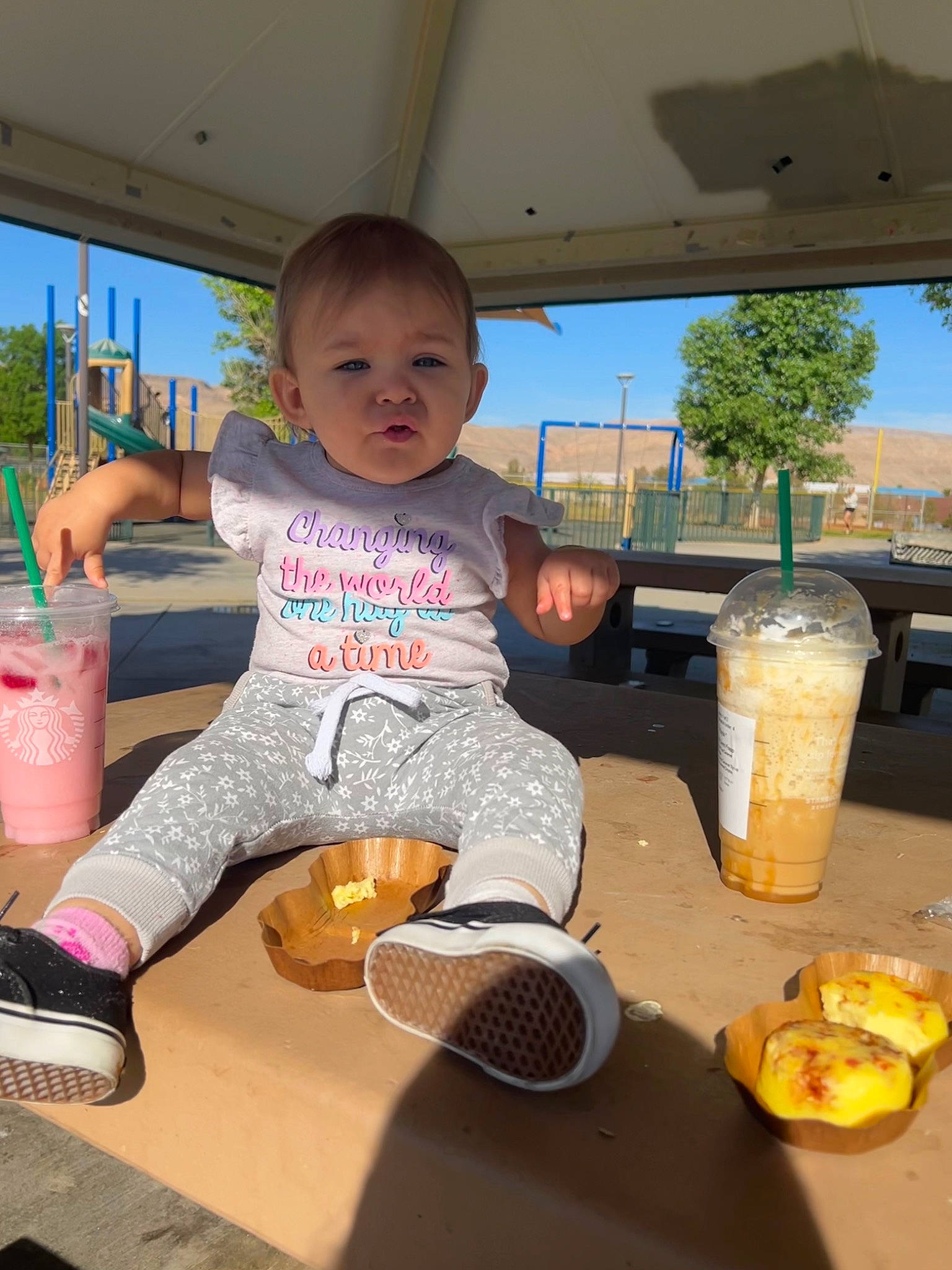 Kairi joined the competition — help win amazing prizes! baby, baby_toddler_clothing, child, comfort_food, drink, finger_food, food, fun, happy, ingredient, juice, leisure, person, plate, sitting, sky, sock, tableware, toddler, tree