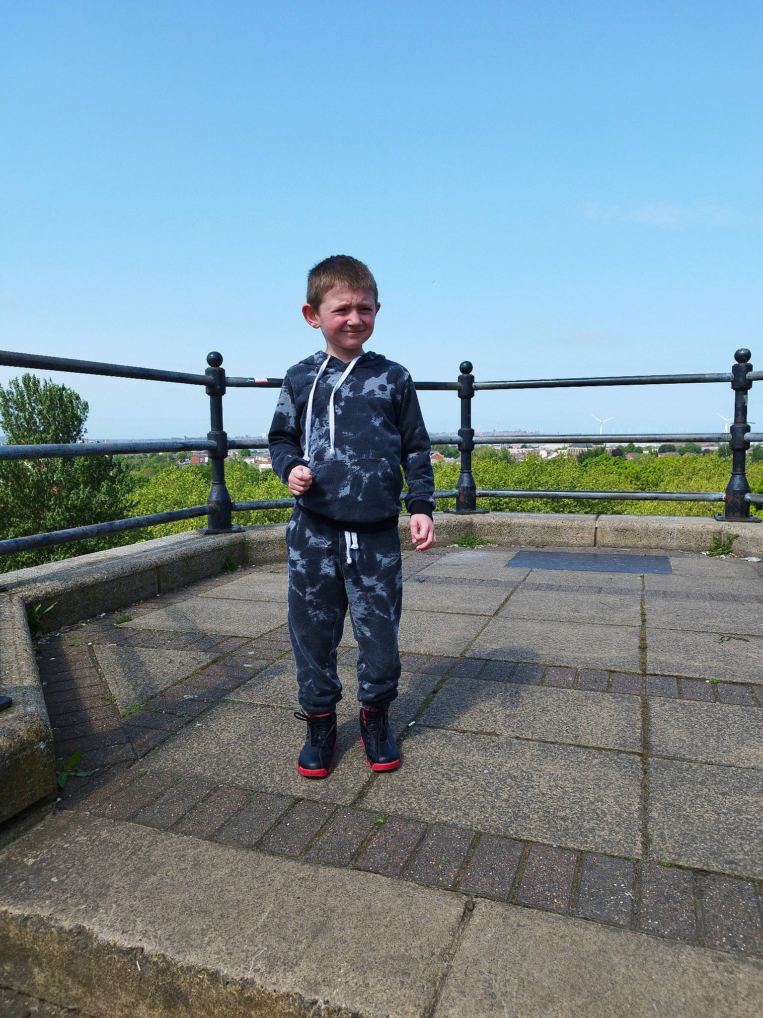 Benjamin joined the competition — help win amazing prizes! bridge, child, fence, guard_rail, handrail, joy, leisure, metal, military_uniform, pattern, pedestrian, person, security, sky, smile, toddler, tourism, travel, tree, uniform