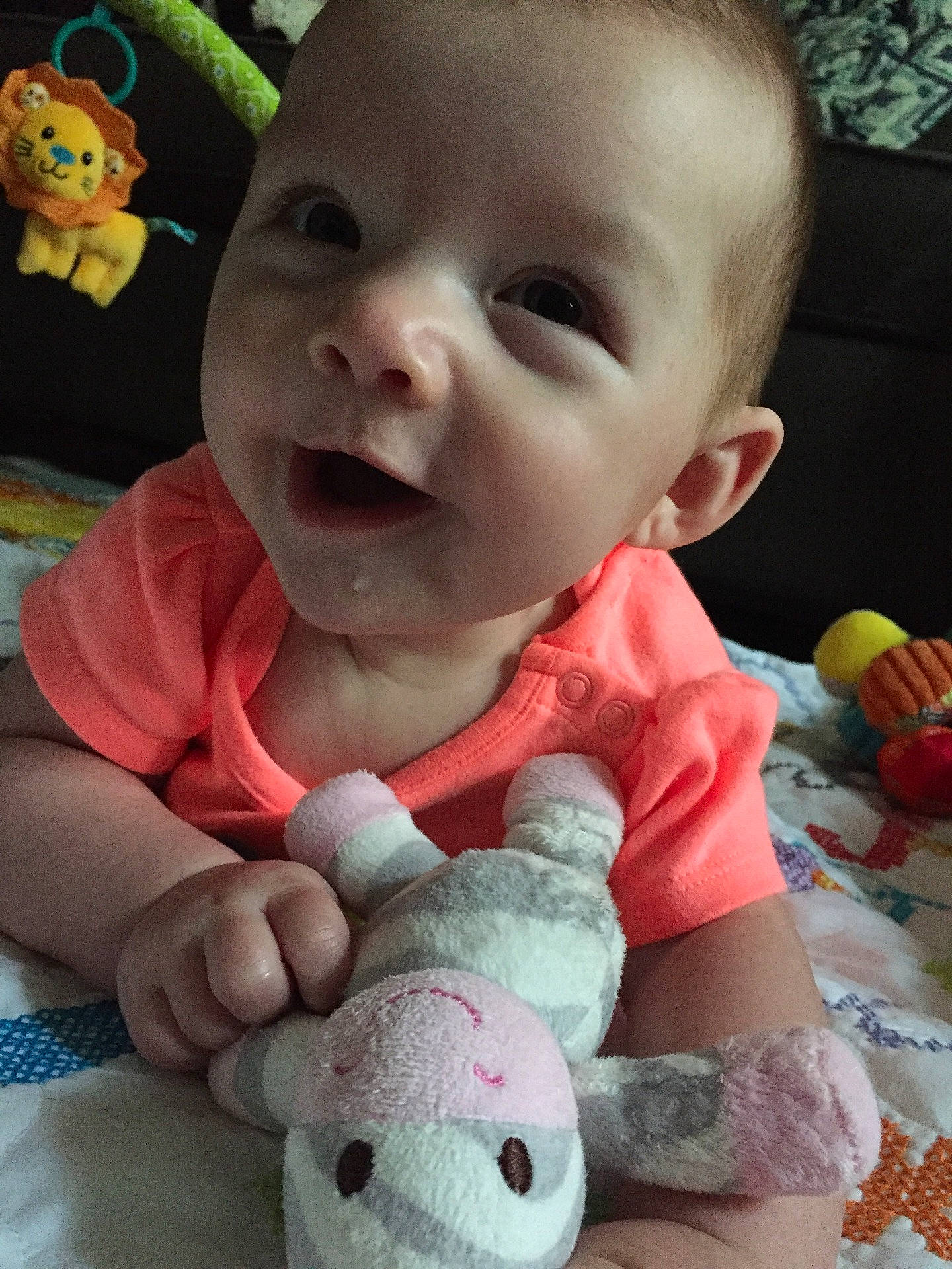 Addyson joined the competition — help win amazing prizes! cheek, child, ear, eye, face, finger, hand, head, infant, mouth, nose, person, play, plush, product, skin, smile, stuffed_toy, textile, toddler