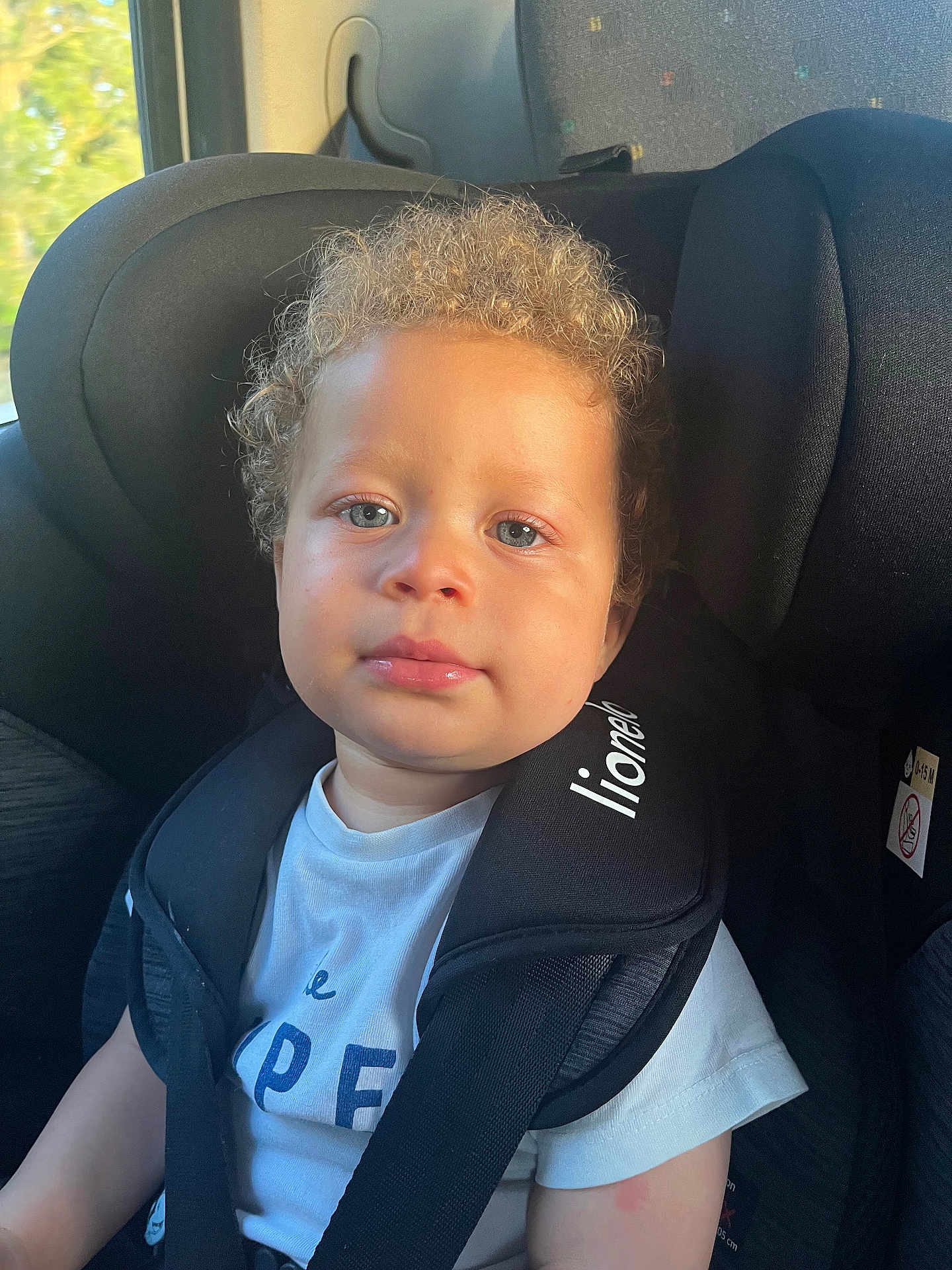 Leeroy participe au concours pour gagner de l'argent avec cette photo : toddler, child, car_seat, curly_hair, blue_eyes, white_shirt, harness, car_interior, window, sunlight, seatbelt, portrait, young_child, safety, vehicle, cute, face, person, seat, travel