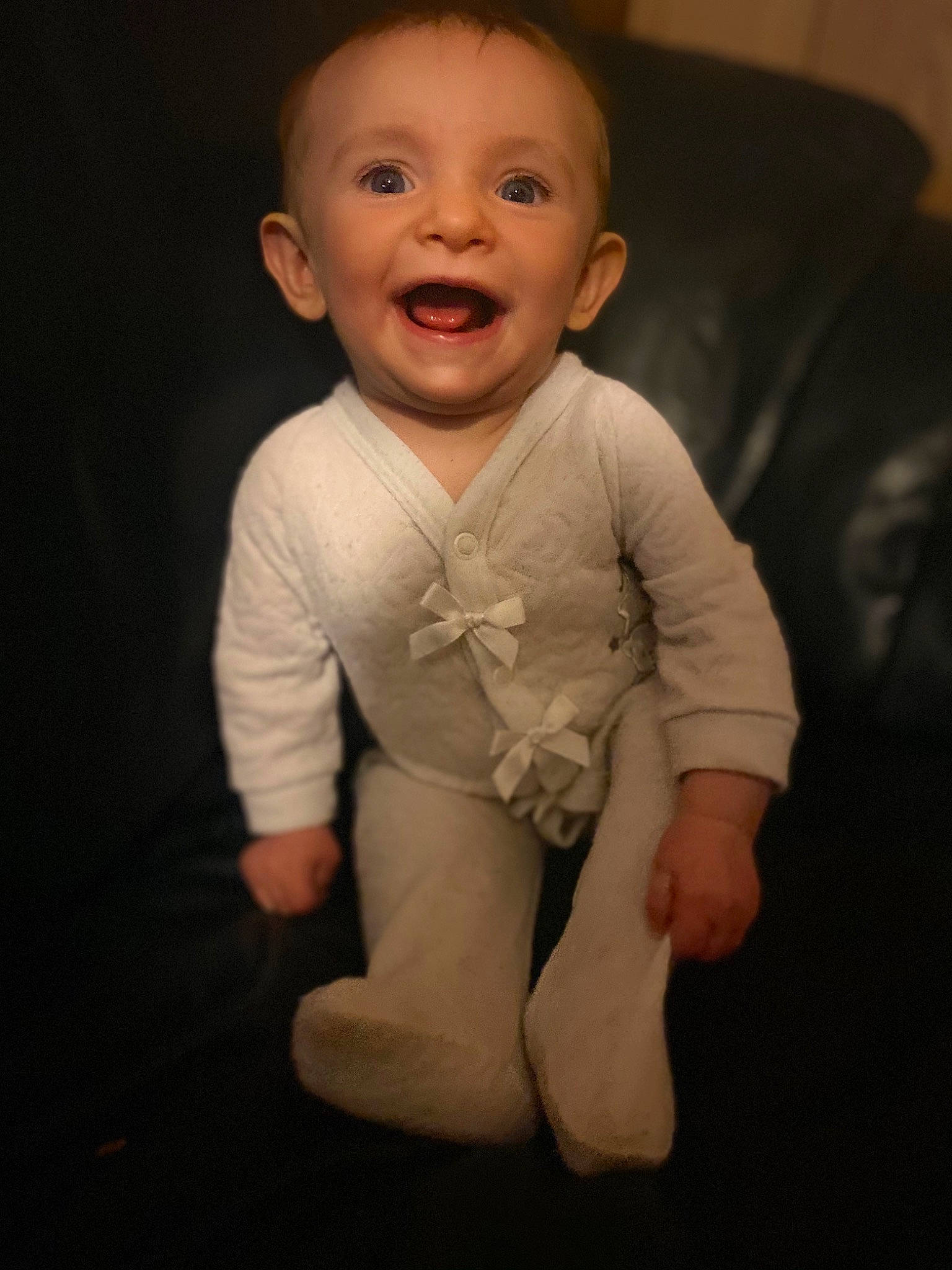 Gracelyn joined the competition — help win amazing prizes! baby, baby_laughing, baby_toddler_clothing, cheek, child, ear, facial_expression, finger, flash_photography, iris, laugh, lip, long_sleeved_t_shirt, person, pleased, skin, sleeve, standing, toddler, tongue