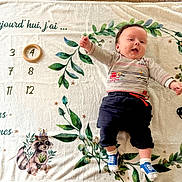 Giulian participe au concours pour gagner de l'argent avec cette photo : baby, infant, milestone_blanket, woodland_animals, leafy_wreath, pacifier, blue_socks, baby_clothes, smiling, cute, wooden_ring, lying_down, decorative_blanket, animal_illustrations, baby_gesture, happy, early_life, child, indoors, portrait