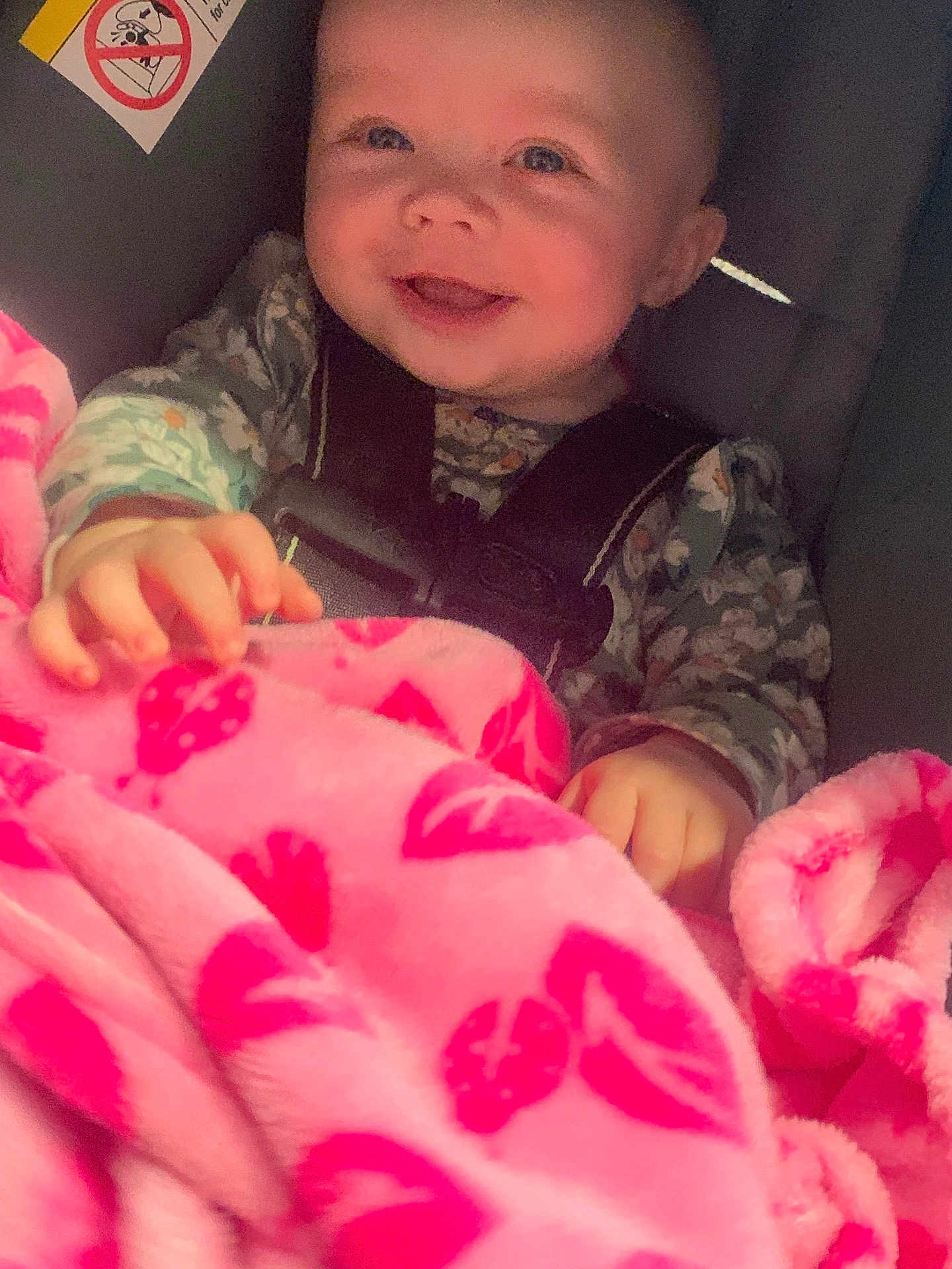 Delilah Satterwhite joined the competition — help win amazing prizes! baby, child, smiling, car_seat, blanket, pink, heart_pattern, clothing, harness, infant, cute, happy, face, small_hands, indoor, portrait, safety, seat, young_child, cozy