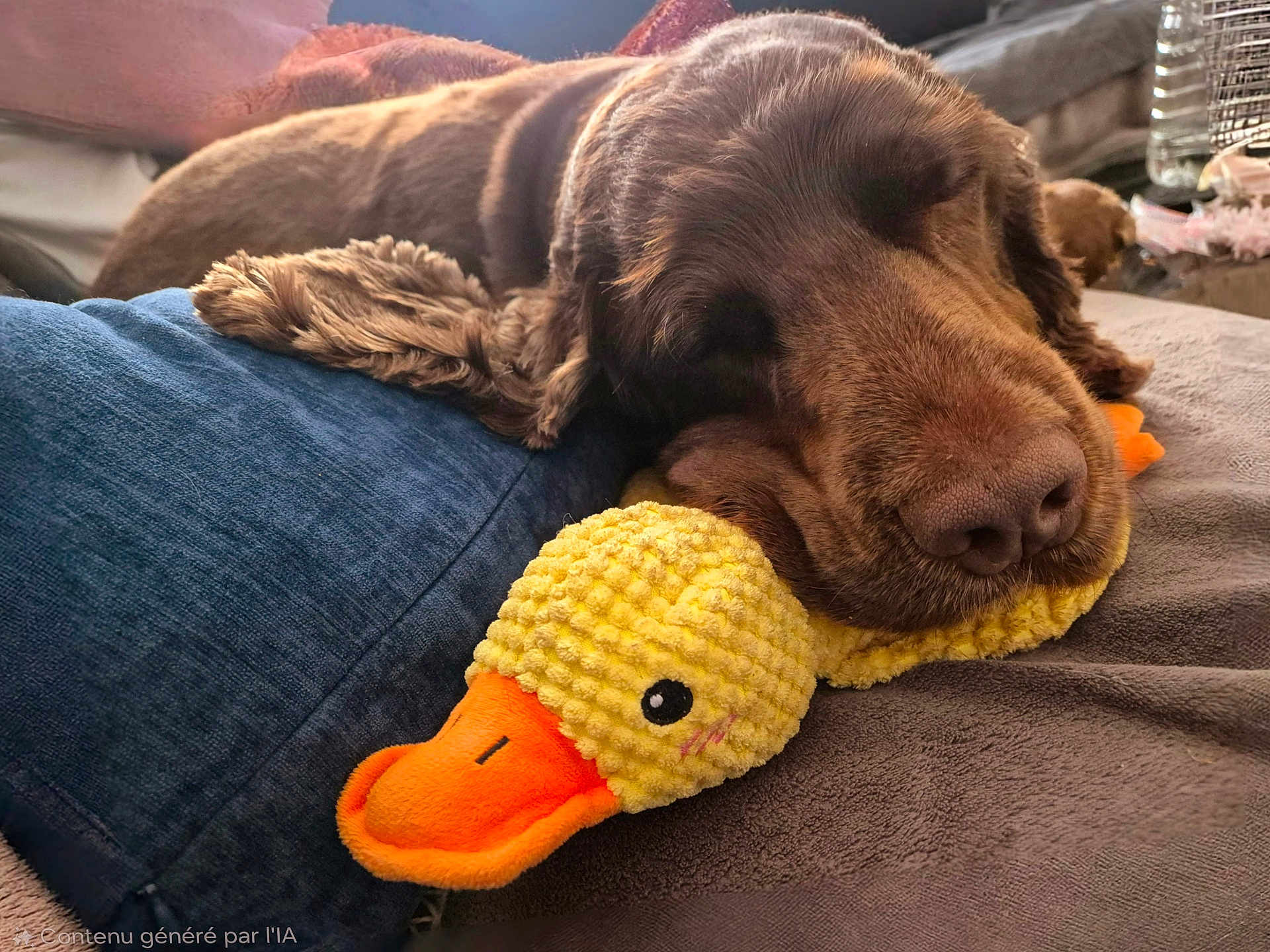 Aldo a rejoint le concours — aidez-le/la à gagner de superbes lots ! dog, sleeping, plush_toy, yellow_duck, brown_fur, cozy, resting, indoor, couch, blanket, soft_toy, pet, animal, cute, relaxed, close_up, snout, fur, nose, sleep
