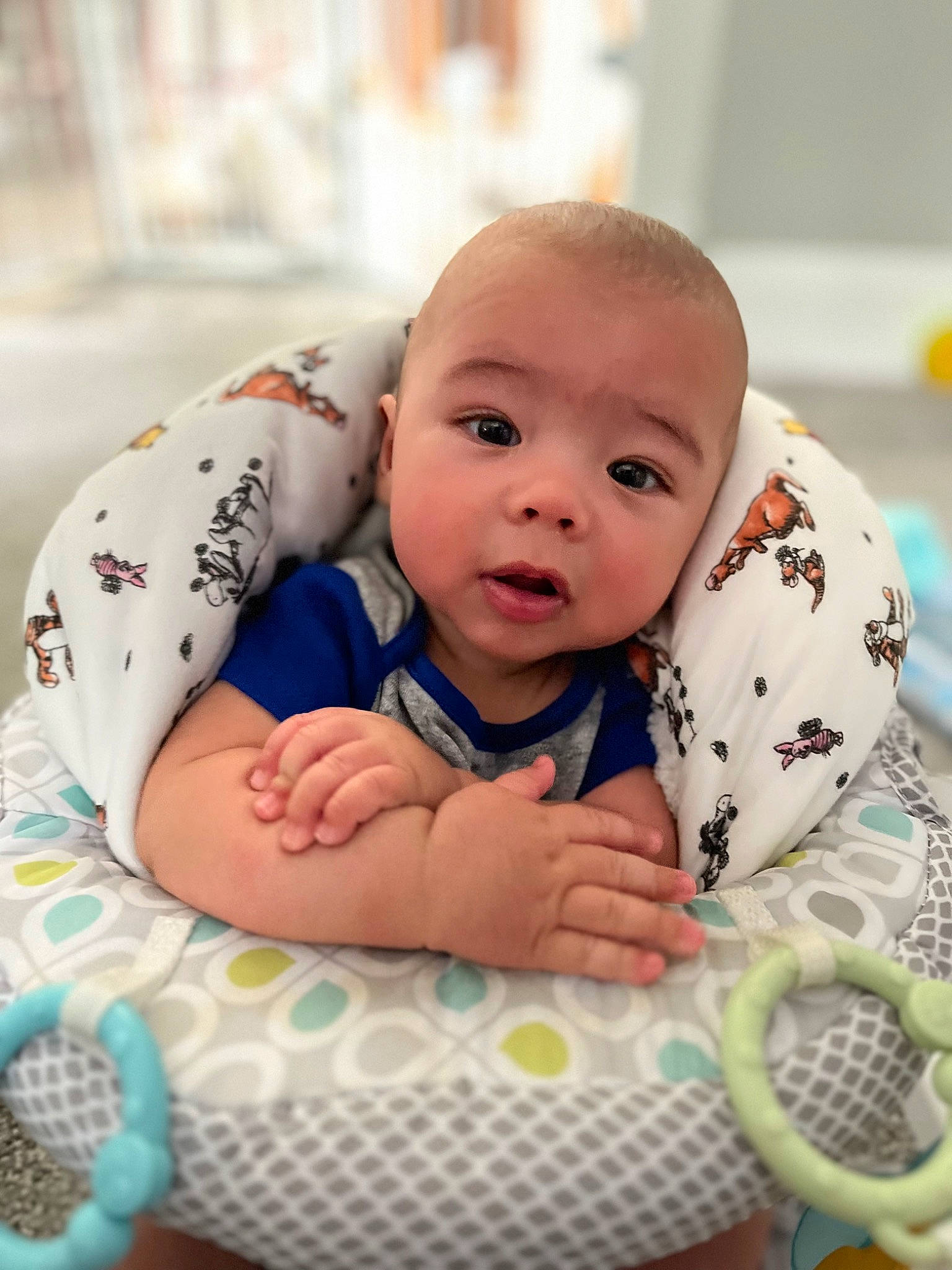 Emmett joined the competition — help win amazing prizes! baby, baby_products, baby_safety, baby_toddler_clothing, baby_toys, cheek, child, comfort, facial_expression, fun, happy, infant_bed, linens, pattern, person, product, room, sitting, skin, toddler