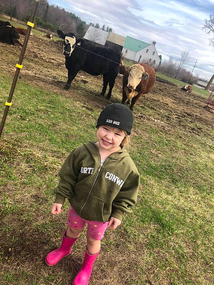 Sadie is registered to the contest to win money with this photo: bovine, farm, fun, grass, grassland, headwear, joy, landscape, mountain, pasture, person, ranch, sky, smile, style