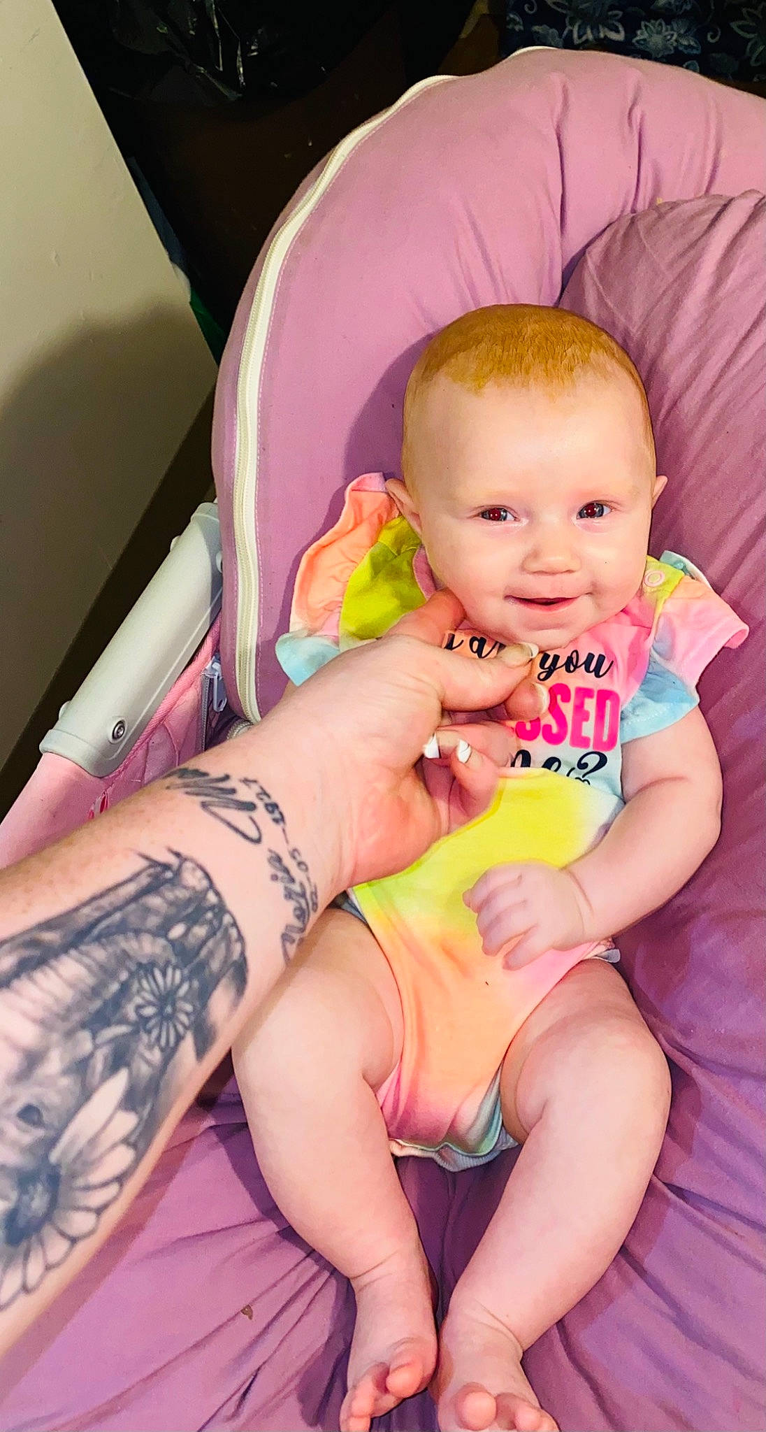 Carly joined the competition — help win amazing prizes! arm, baby, comfort, finger, hand, happy, human_body, joint, knee, lap, leg, mouth, muscle, neck, person, pink, shoulder, skin, smile, stomach