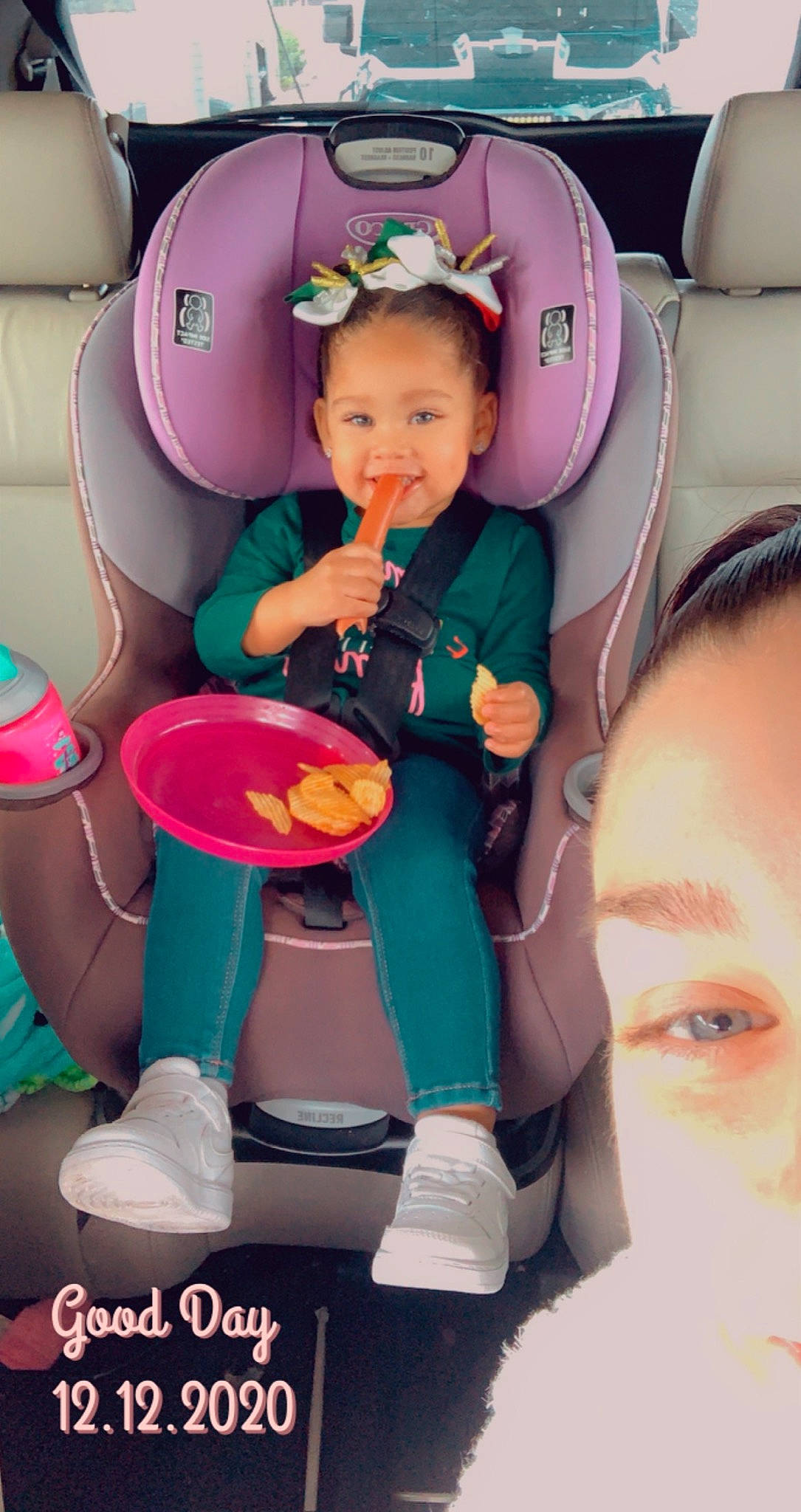 Aliah joined the competition — help win amazing prizes! baby, baby_in_car_seat, baby_products, baby_toddler_clothing, car_seat, car_seat_cover, child, comfort, eye, head_restraint, lap, person, pink, public_transport, seat_belt, service, sitting