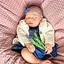 baby, sleeping, headband, flower, lavender, blanket, pink, denim, cardigan, infant, cute, cozy, soft, hands, feet, peaceful, portrait, child, resting, indoor