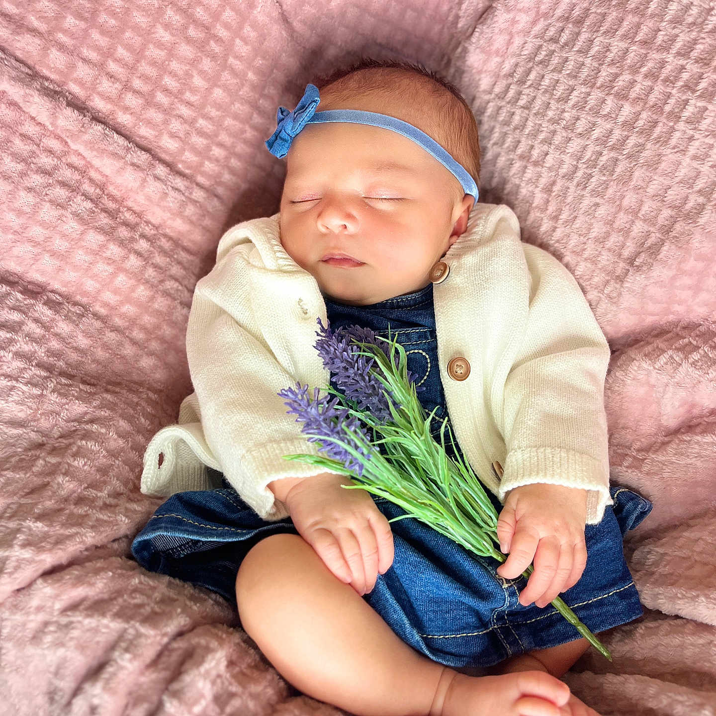 Alynia joined the competition — help win amazing prizes! baby, blanket, cardigan, child, cozy, cute, denim, feet, flower, hands, headband, indoor, infant, lavender, peaceful, pink, portrait, resting, sleeping, soft