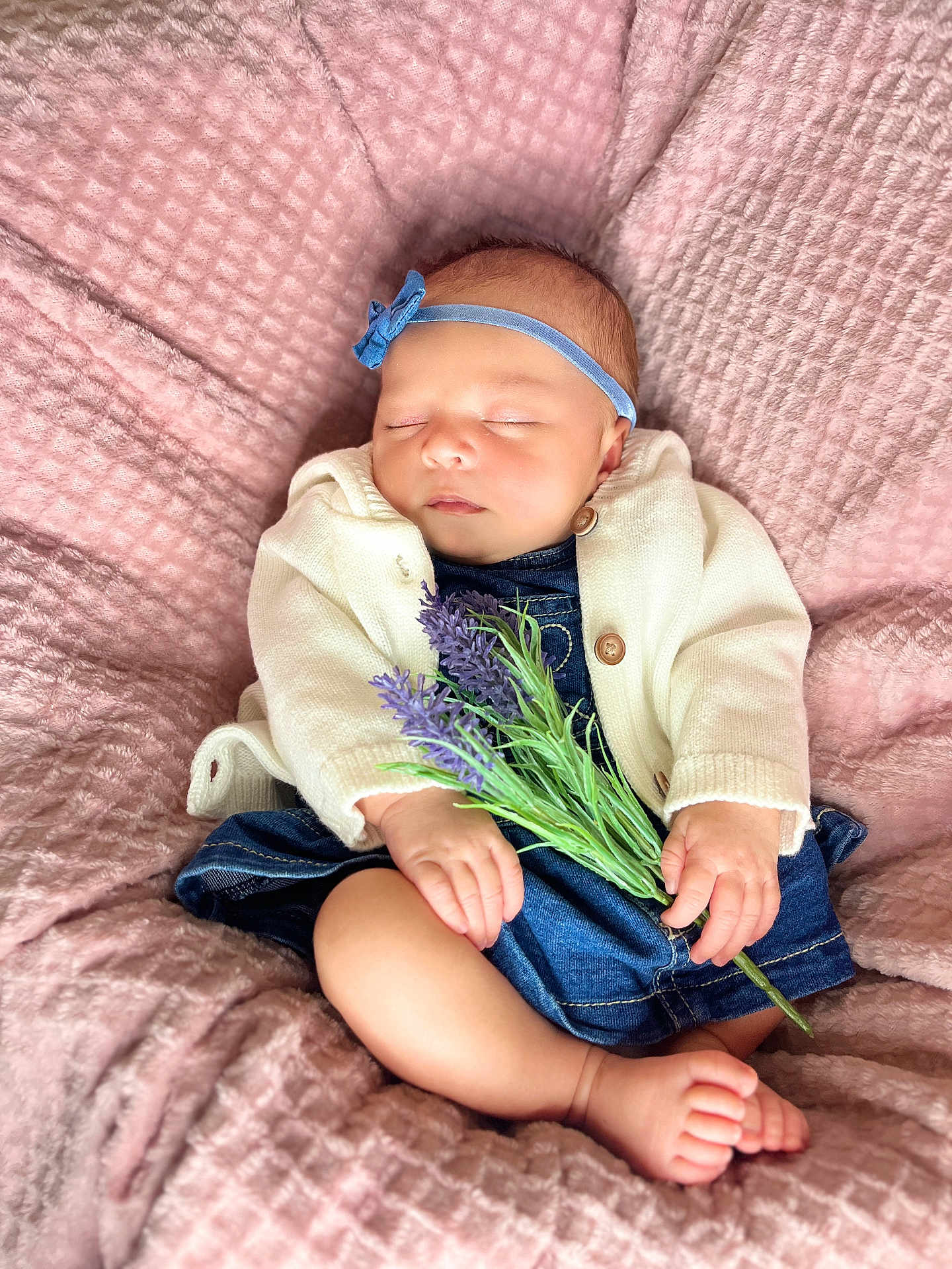 Alynia joined the competition — help win amazing prizes! baby, sleeping, headband, flower, lavender, blanket, pink, denim, cardigan, infant, cute, cozy, soft, hands, feet, peaceful, portrait, child, resting, indoor