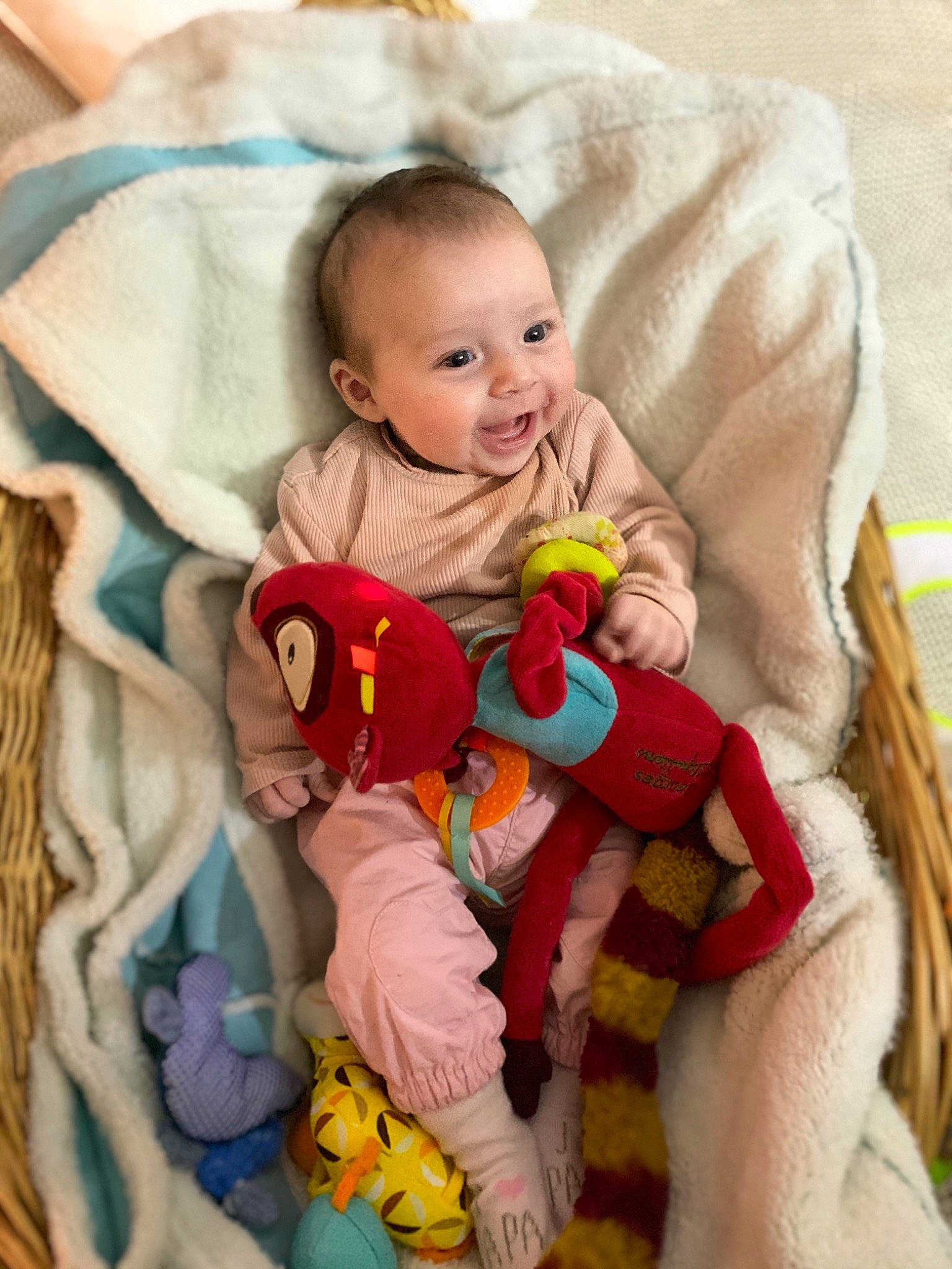 Djulya participe au concours pour gagner de l'argent avec cette photo : arm, baby, baby_toddler_clothing, cheek, comfort, eye, face, head, human_body, iris, mammal, person, pink, product, skin, sleeve, smile, textile, toddler, toy