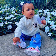 Alaia is registered to the contest to win money with this photo: toddler, child, outdoor, plants, flowers, sidewalk, white_sweater, minnie_mouse, blue_pants, pink_shoes, grass, greenery, cute, curious, sitting, hair_bows, nature, casual_clothing, daylight, person