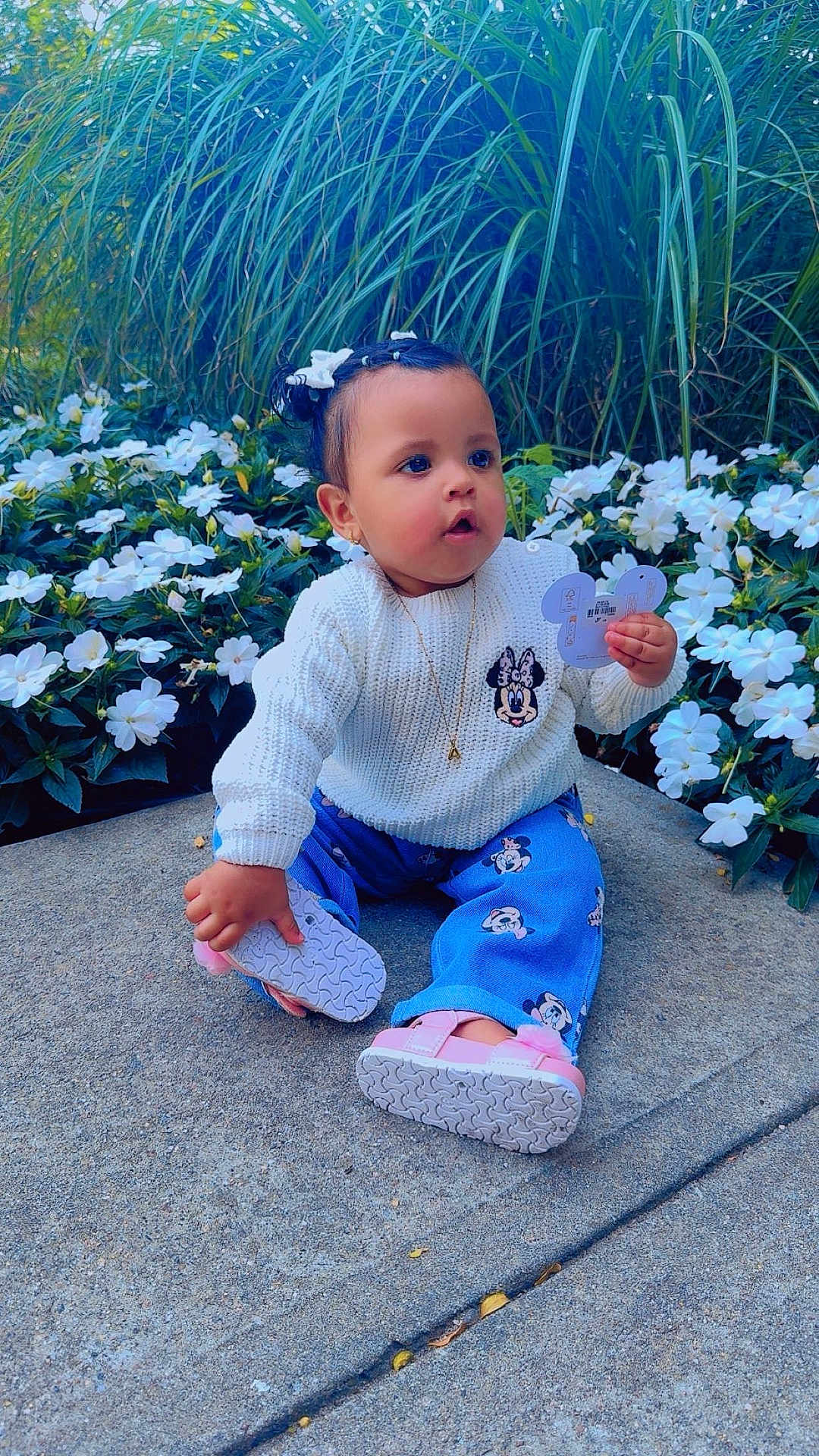 Alaia is registered to the contest to win money with this photo: toddler, child, outdoor, plants, flowers, sidewalk, white_sweater, minnie_mouse, blue_pants, pink_shoes, grass, greenery, cute, curious, sitting, hair_bows, nature, casual_clothing, daylight, person