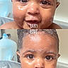 Tymir joined the competition — help win amazing prizes! baby, bare_shoulders, bathroom, child, close_up, collage, curious, dark_skin, digital_interface, duplicate_image, eyes, face, indoor, phone_screen, photo_editing, portrait, short_hair, smiling, text, wet