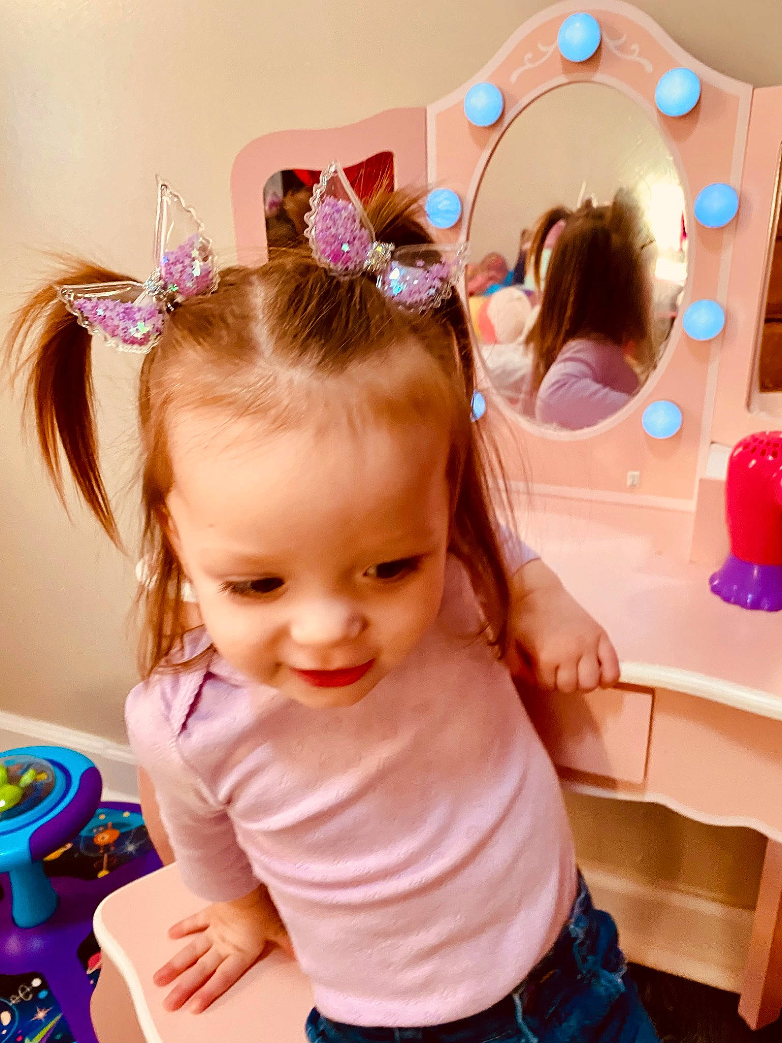 Bristol joined the competition — help win amazing prizes! baby, baby_toddler_clothing, beauty, child, ear, eyelash, fun, hair, hairstyle, happy, headband, headpiece, neck, party_supply, person, pink, product, purple, skin, sleeve