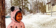 Kya joined the competition — help win amazing prizes! child, girl, snow, winter, hoodie, pink_clothing, smiling, outdoor, tree, grass, house, satellite_dish, playful, cold_weather, happy, nature, daytime, jacket, cute, fun