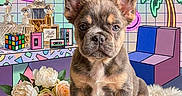 Buzz participe au concours pour gagner de l'argent avec cette photo : french_bulldog, puppy, dog, fluffy_blanket, flowers, rubiks_cube, cassette_tape, retro, neon_lights, geometric_shapes, palm_tree, colorful_background, indoor, portrait, cute, animal, pet, fur, ears, sitting