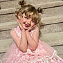 child, girl, dress, pink, pigtails, makeup, smile, hands, stairs, carpet, sitting, portrait, playful, eyelashes, necklace, beads, costume, cute, indoor, face