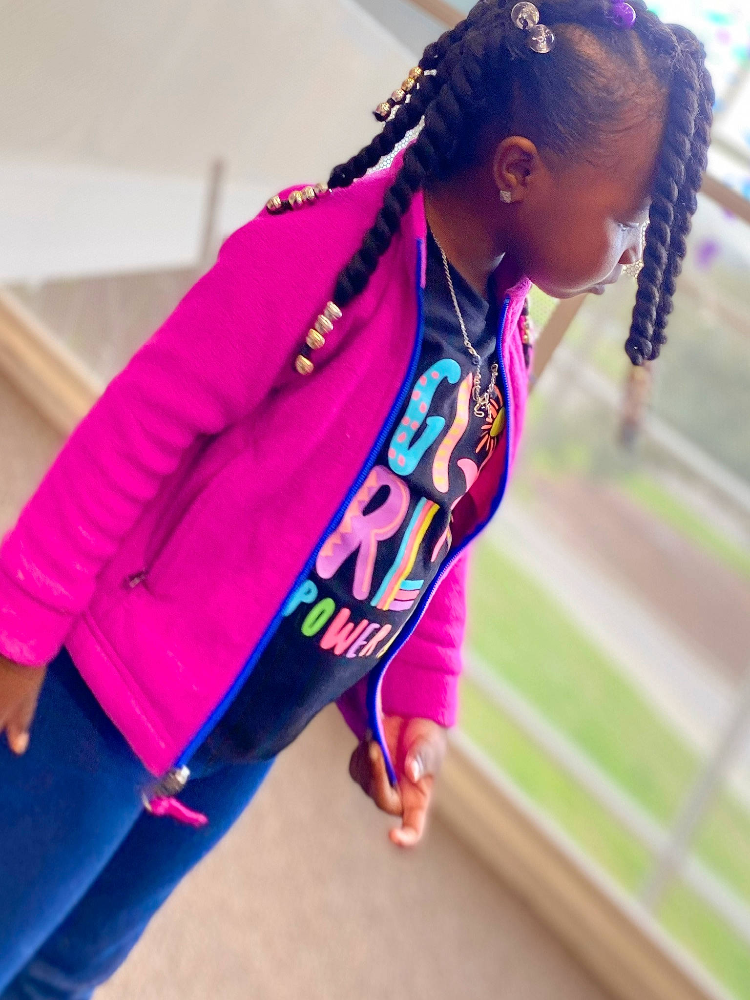 Kapri is registered to the contest to win money with this photo: blazer, child, clothing, cool, fashion, hairstyle, jacket, magenta, outerwear, person, pink, purple, shoulder, sleeve, sportswear, street_fashion, sweater, t_shirt, textile, top