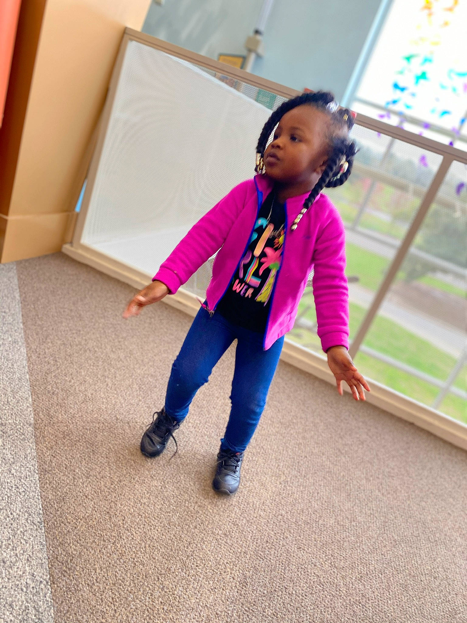 Kapri is registered to the contest to win money with this photo: child, footwear, jeans, outerwear, person, pink, play, purple, shoe, sportswear, toddler