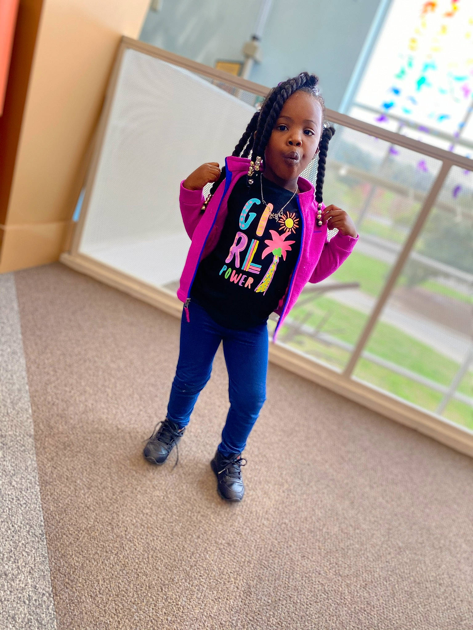 Kapri is registered to the contest to win money with this photo: child, child_model, footwear, fun, jeans, leisure, outerwear, person, photography, pink, purple, shoe, style, t_shirt, toddler