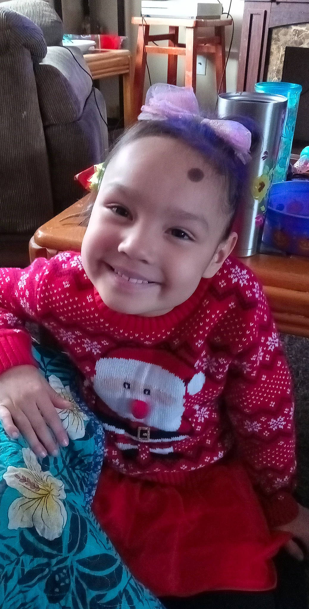 Joyce joined the competition — help win amazing prizes! baby, baby_toddler_clothing, cheek, child, christmas, christmas_eve, event, face, facial_expression, happy, head, holiday, iris, joy, pattern, person, pink, purple, skin, sleeve