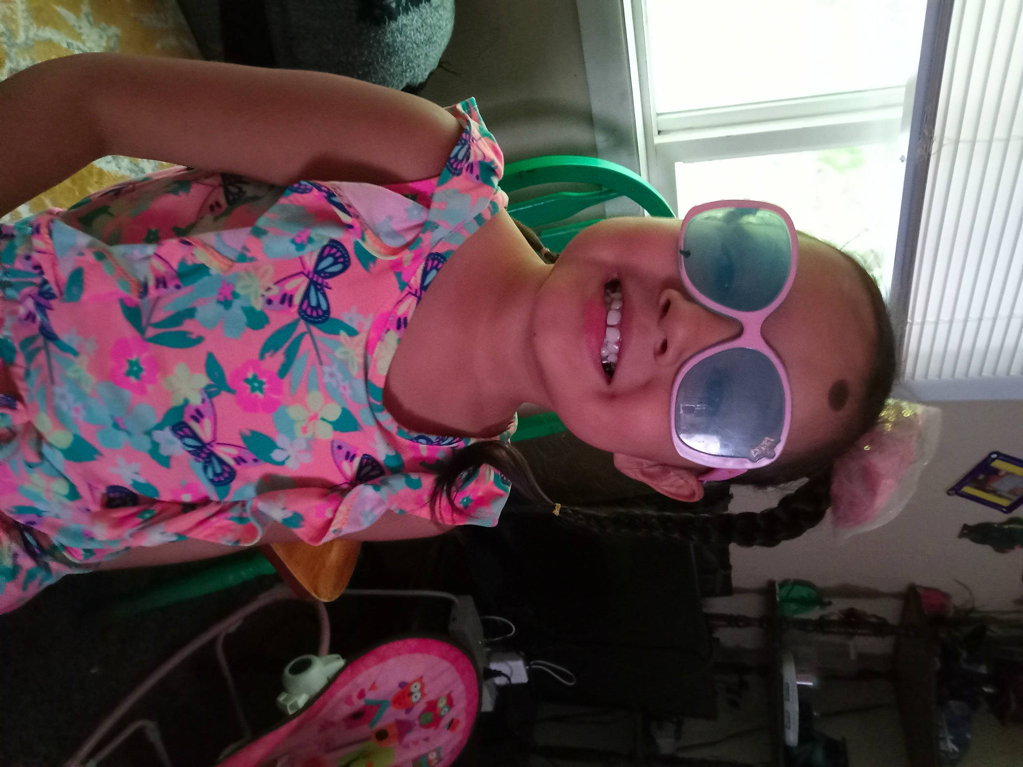 Joyce joined the competition — help win amazing prizes! chest, child, cool, eyewear, fun, glasses, goggles, happy, human_leg, joy, magenta, mouth, pattern, person, personal_protective_equipment, pink, smile, sunglasses, thigh, throat