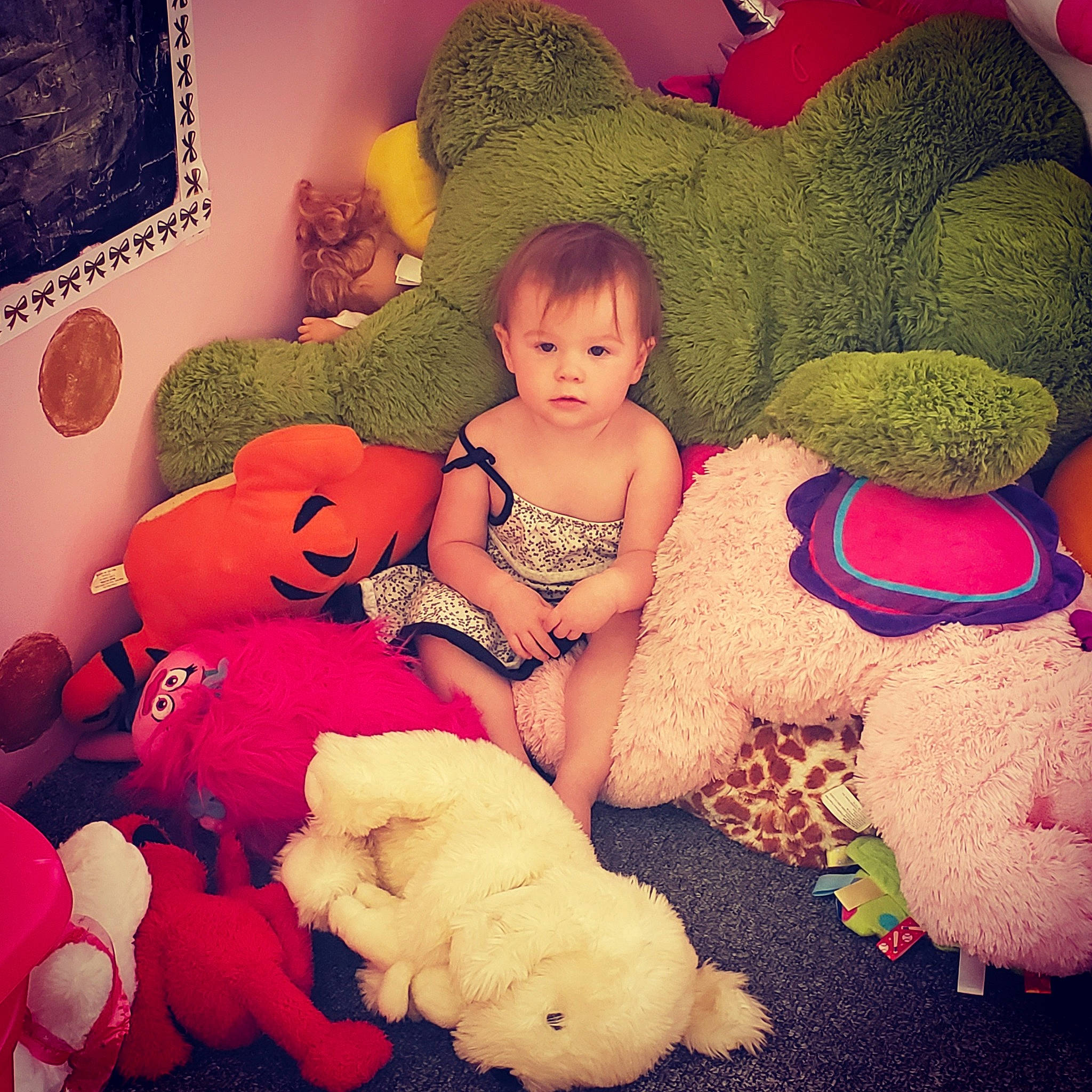 Alicyn is registered to the contest to win money with this photo: baby, bedtime, child, ear, happy, head, lap, love, person, pink, play, plush, room, sitting, skin, smile, stuffed_toy, teddy_bear, toddler, toy
