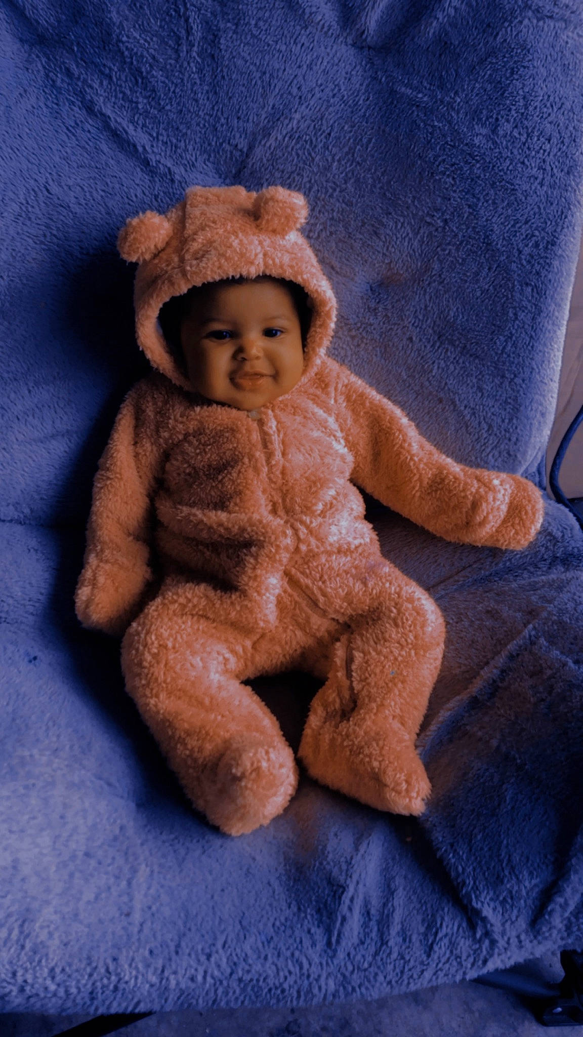 Sherleia is registered to the contest to win money with this photo: baby, baby_toddler_clothing, beige, blue, cap, cheek, child, electric_blue, eye, fashion_accessory, fur, headwear, linens, pattern, person, sleeve, smile, stuffed_toy, toddler, toy