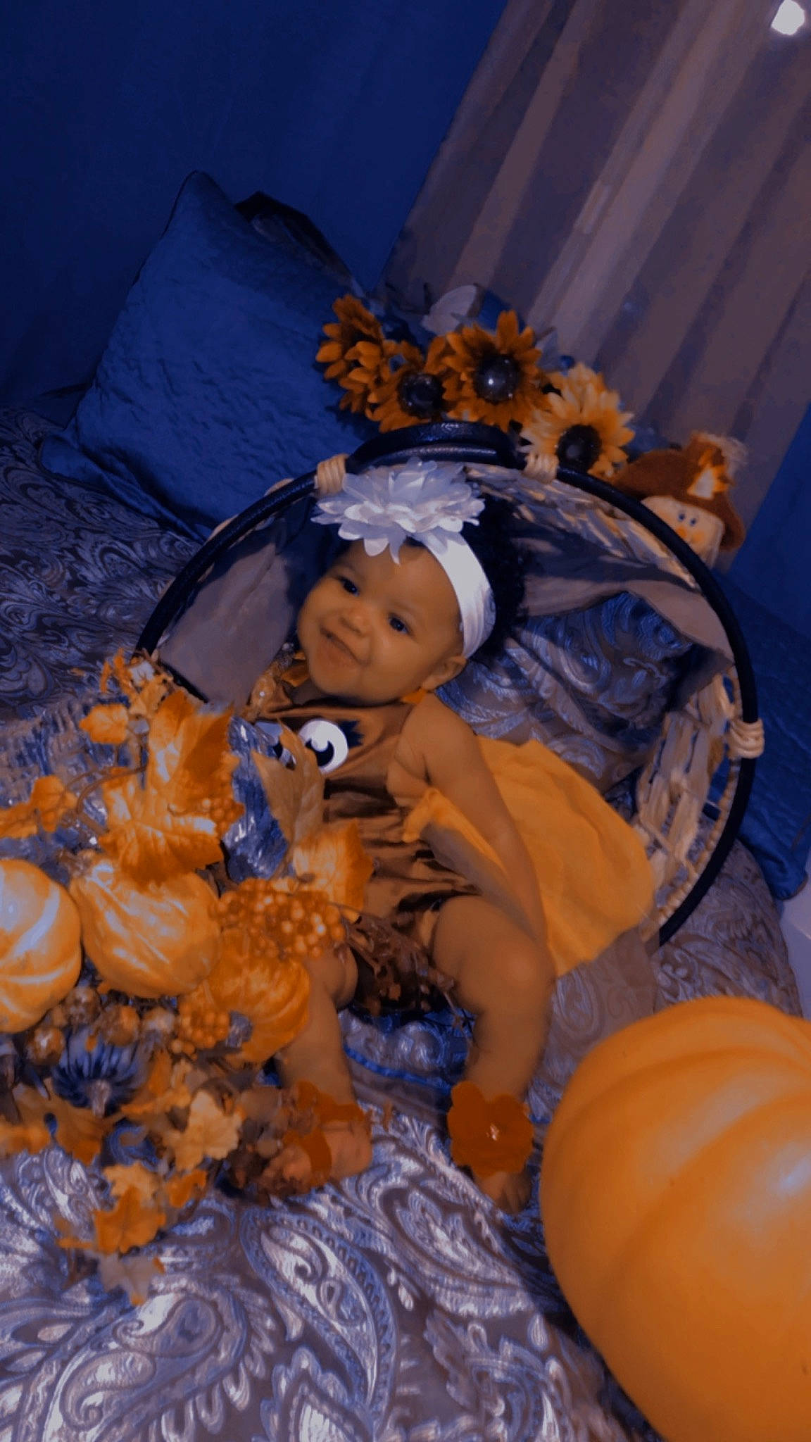 Sherleia is registered to the contest to win money with this photo: blue, calabaza, child, cucurbita, electric_blue, event, fun, gourd, headwear, human_body, joy, natural_foods, orange, person, plant, pumpkin, squash, stuffed_toy, toddler, toy