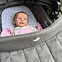 Lily joined the competition — help win amazing prizes! baby, infant, stroller, blanket, pink, grey, face, expression, clothing, newborn, cute, portrait, child, resting, indoor, soft, head, eyes, baby_bed, closeup