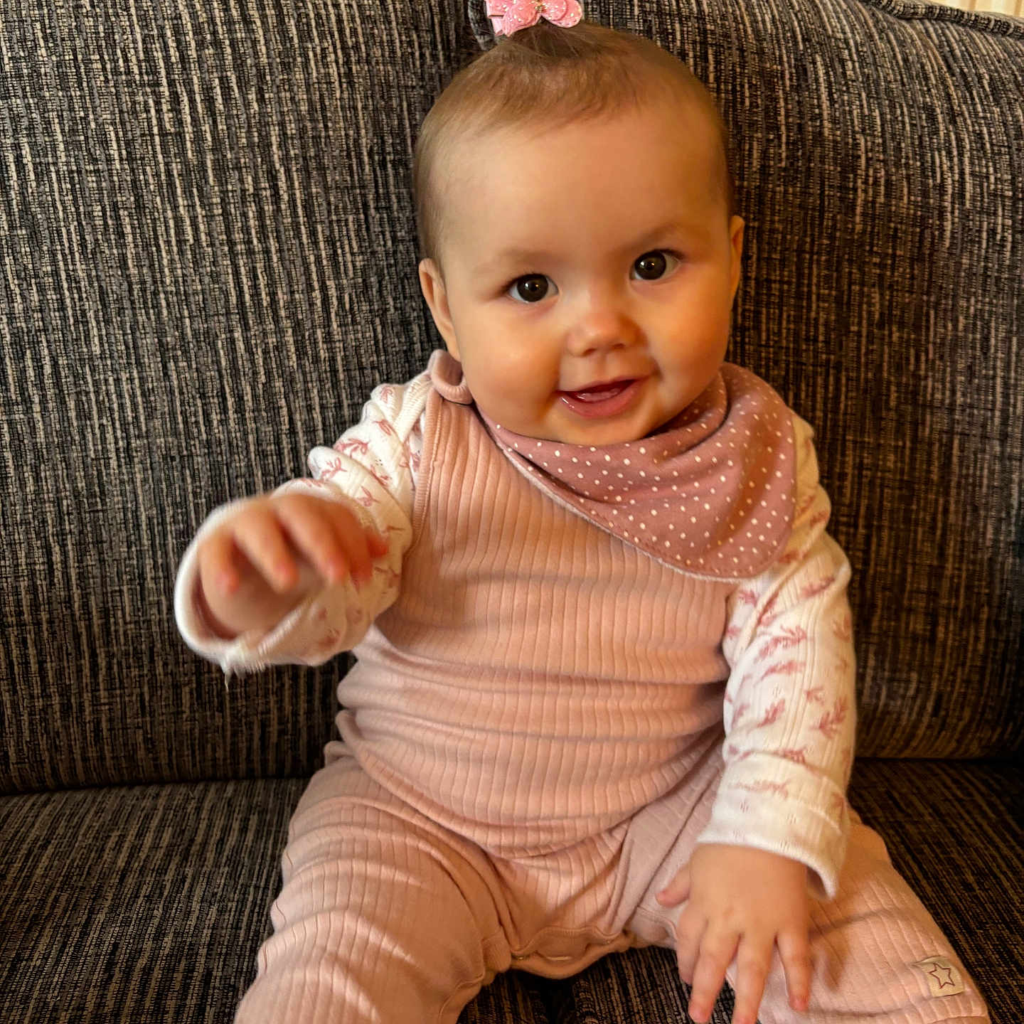 Harleigh is registered to the contest to win money with this photo: baby, babylaughing, bodypart, clothing, couch, crawling, face, finger, furniture, hair, hand, happy, head, pants, person, photography, portrait, sitting, sleeve, smile