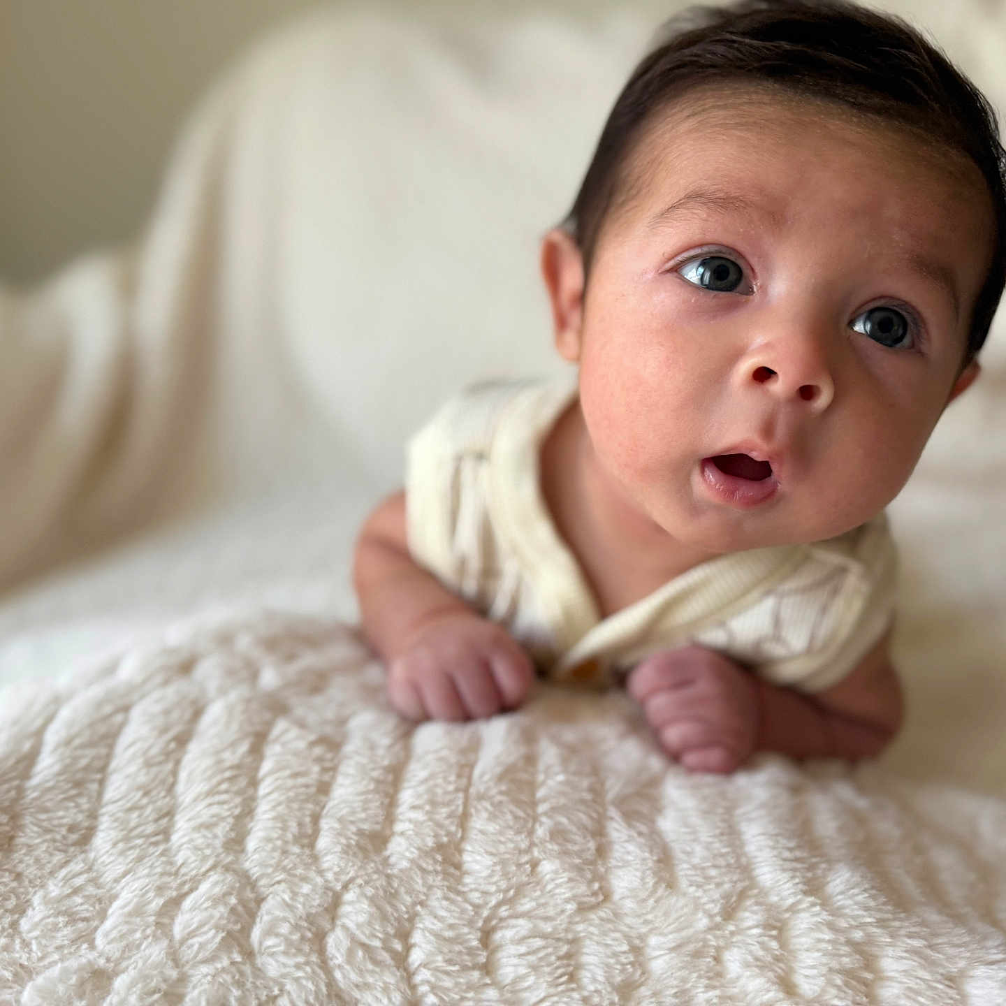 Aramis is registered to the contest to win money with this photo: baby, blanket, child, closeup, clothing, curious, cute, expression, eyes, face, hands, head, indoor, infant, lying_down, natural_light, portrait, skin, soft_texture, young